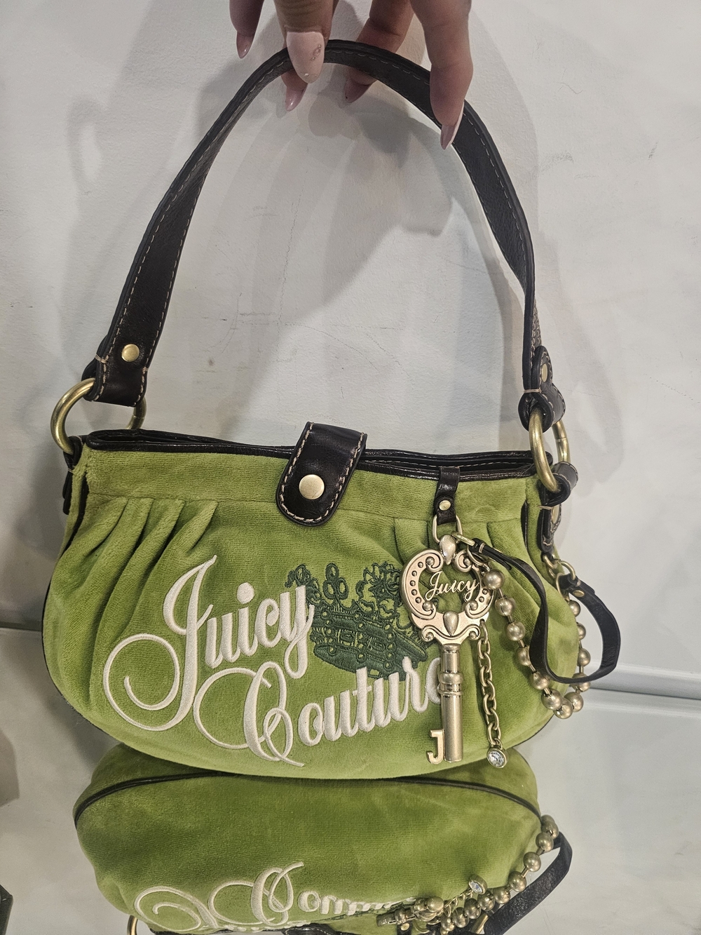 RARE Vintage Juicy Couture LimeGreen Velour Hobo Bag Leather Trim Y2K Authentic